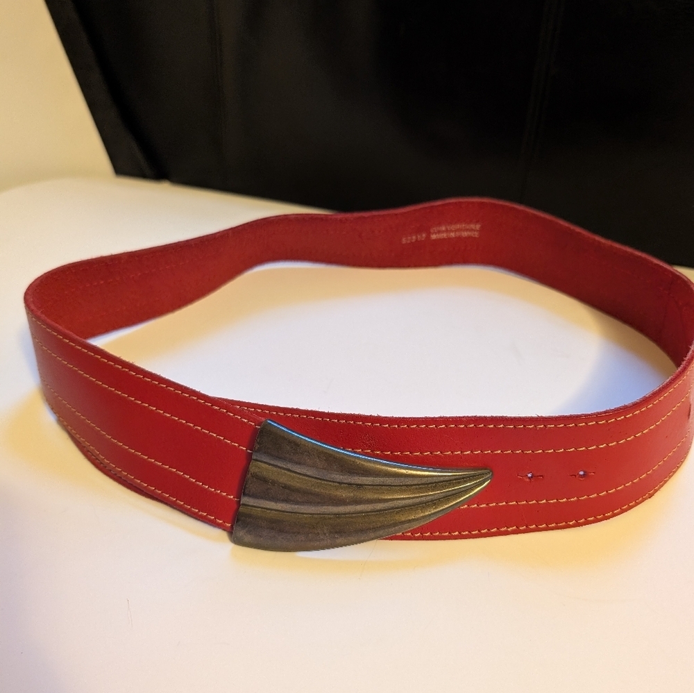 Vintage Made In France Red Leather Belt with Silver Buckle 29"-35"